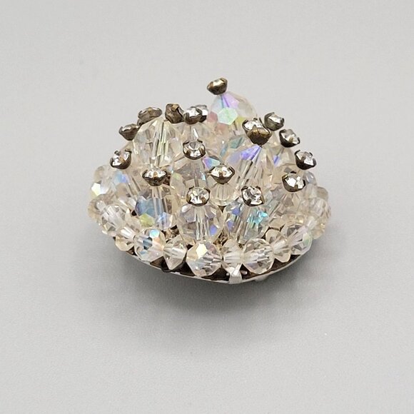 Domed AB Aurora Borealis Brooch Pin Silver Tone Bicone Round Beads Vintage 1950s - Picture 4 of 7